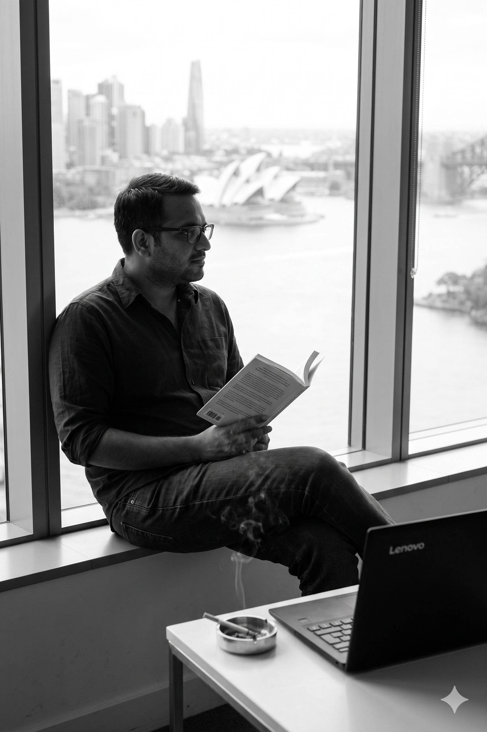 Naveed Ahmed sitting on a high-rise window ledge in Sydney, reading a book, with the Opera House and Harbour Bridge visible through the window behind him.